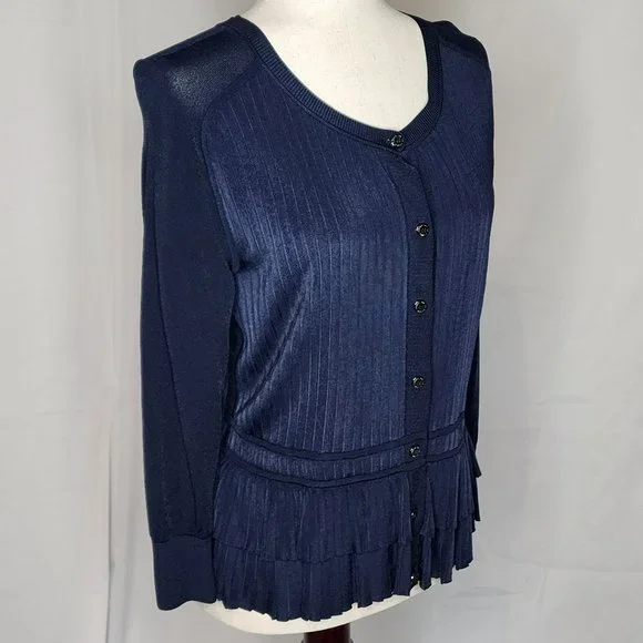 Oscar de la Renta Navy Button Front Ruffle Hem Cardigan Size: L - Picture 6 of 16